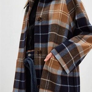 Barbour Checkered Pea Coat in Blue and Brown